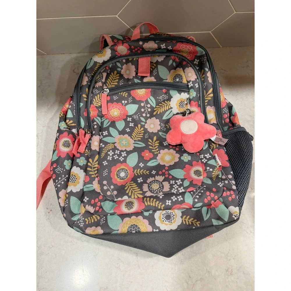 Crckt Kids Floral Backpack Gray Pink School Bag with Flower Keychain 16 inch